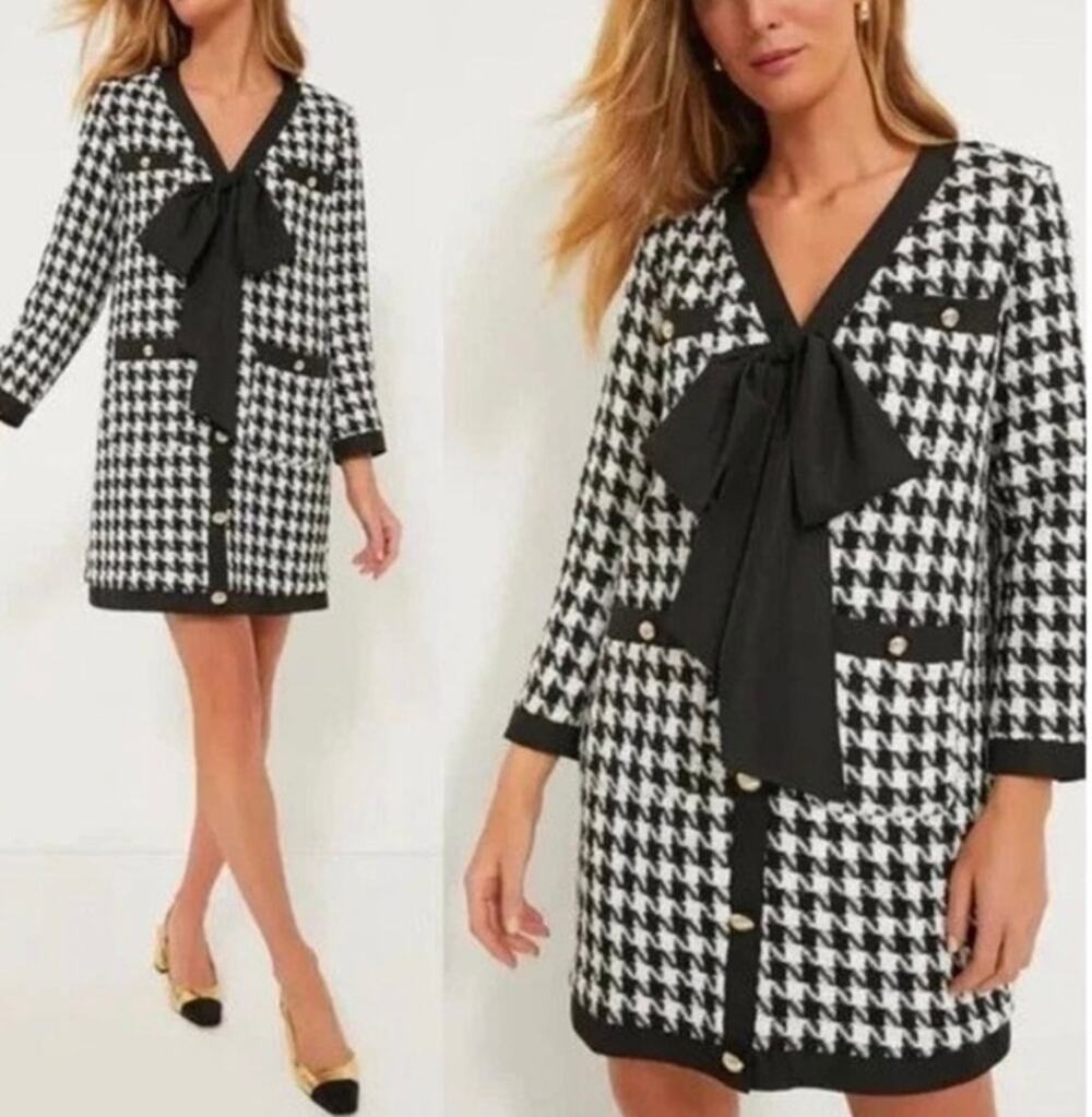 Pomander Place Tuckernuck Houndstooth Tweed Bow Black White Dress- M
